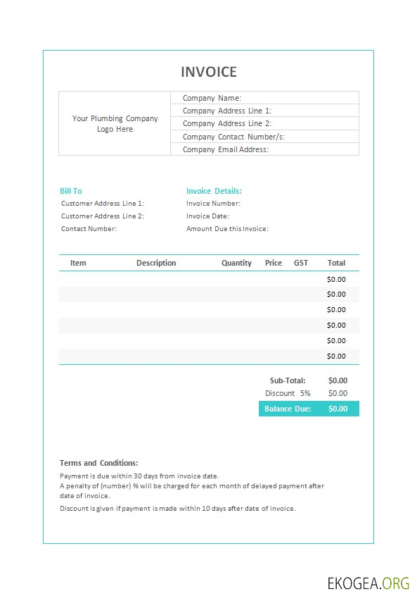 Modèle de facture de plomberie